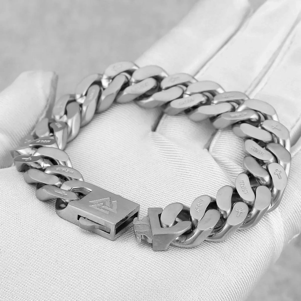 Stainless Steel Thick Cuban Chain Bracelet Men's Nordic Valknut Rune Amulet Bangle Biker Punk Hip Hop Carved Cross Heart Jewelry