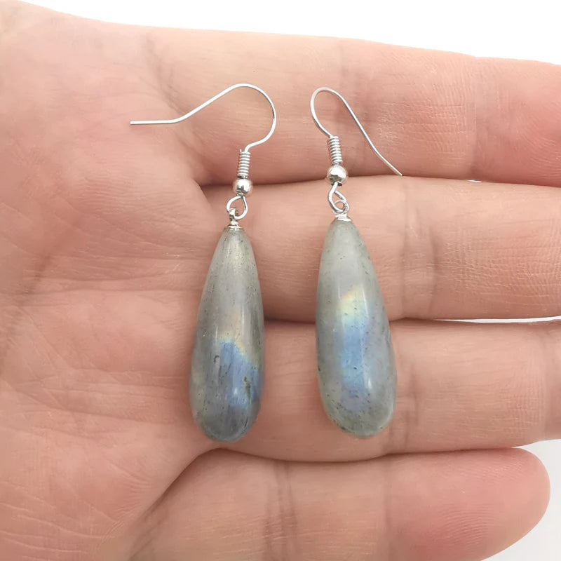 New 29X10MM Labradorite Rhodonite Sodalite Clear Quartz Lapis lazuli Amethyst Turquoise Opal Tiger Eye Stone Drop Earrings 1Pair