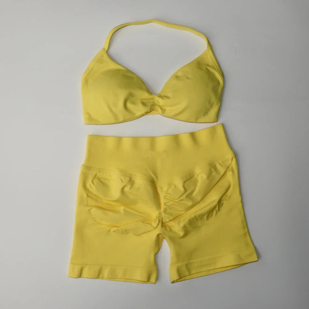 Seamless Sportswear Workout Set Women Two Piece Strappy Yoga Bra Top Scrunch Shorts Gym Clothes