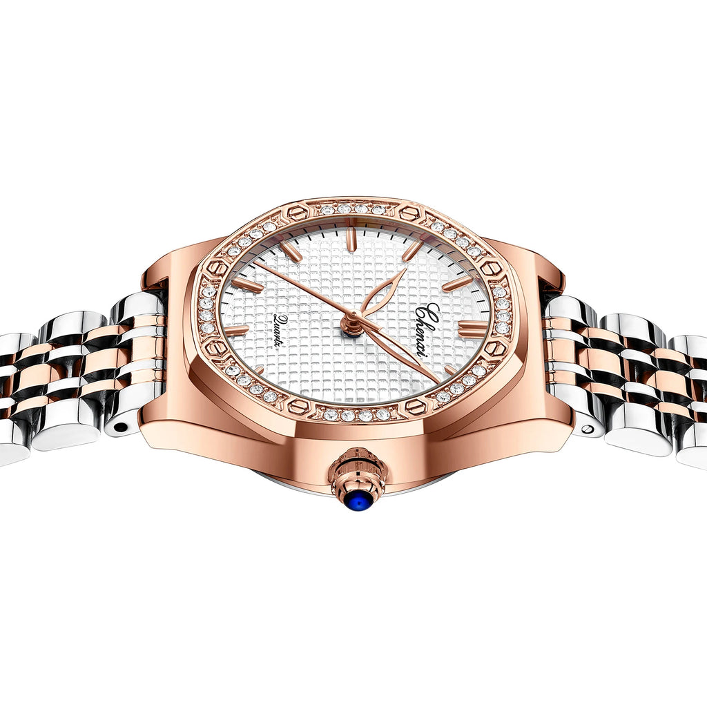 CHENXI Quartz Movement Woman Watch Simple Elegant Luxury Rose Gold Steel and Leather Strap Waterproof Ladies Dress Wristwatch