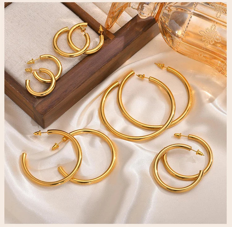 Waterproof Chunky Circle Hoop Earrings For Women, Gold Plated Stainless Steel Loop Earring 25/42/50/63mm