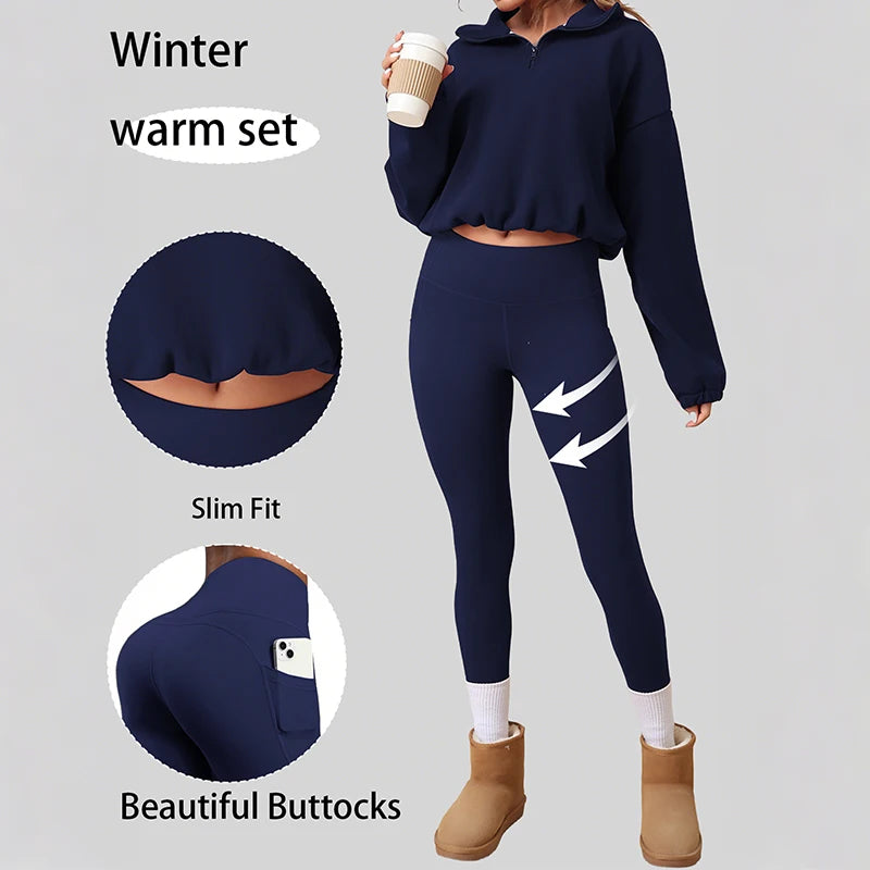 2PCS Thermal Yoga Set Fleece Fintness Suit Women's Sports Set  Fleece Pullover Sweatshirt with Non-fleece-lined  Leggings