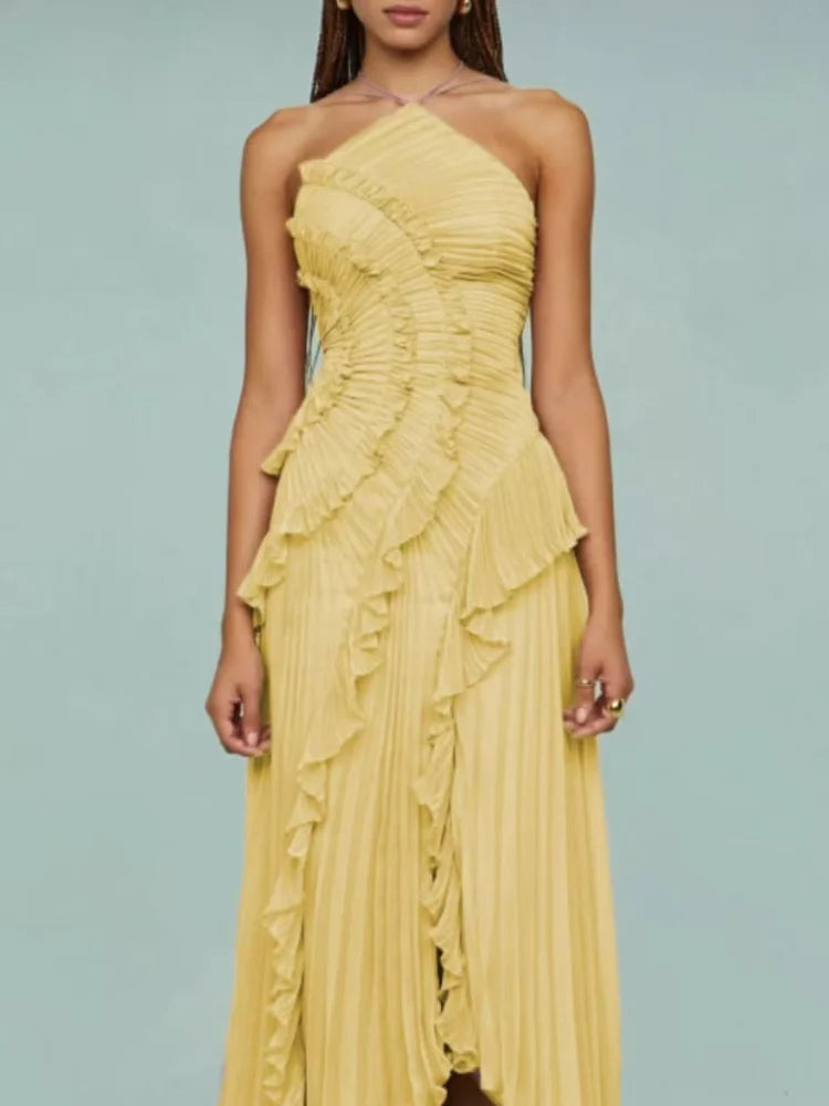 Chic Elegant Lotus Edge Maxi Dress Slim Fit Backless Lace Up Halter Robes Sleeveless Party Vestidos 2025 Nw Lady Vacation Gowns