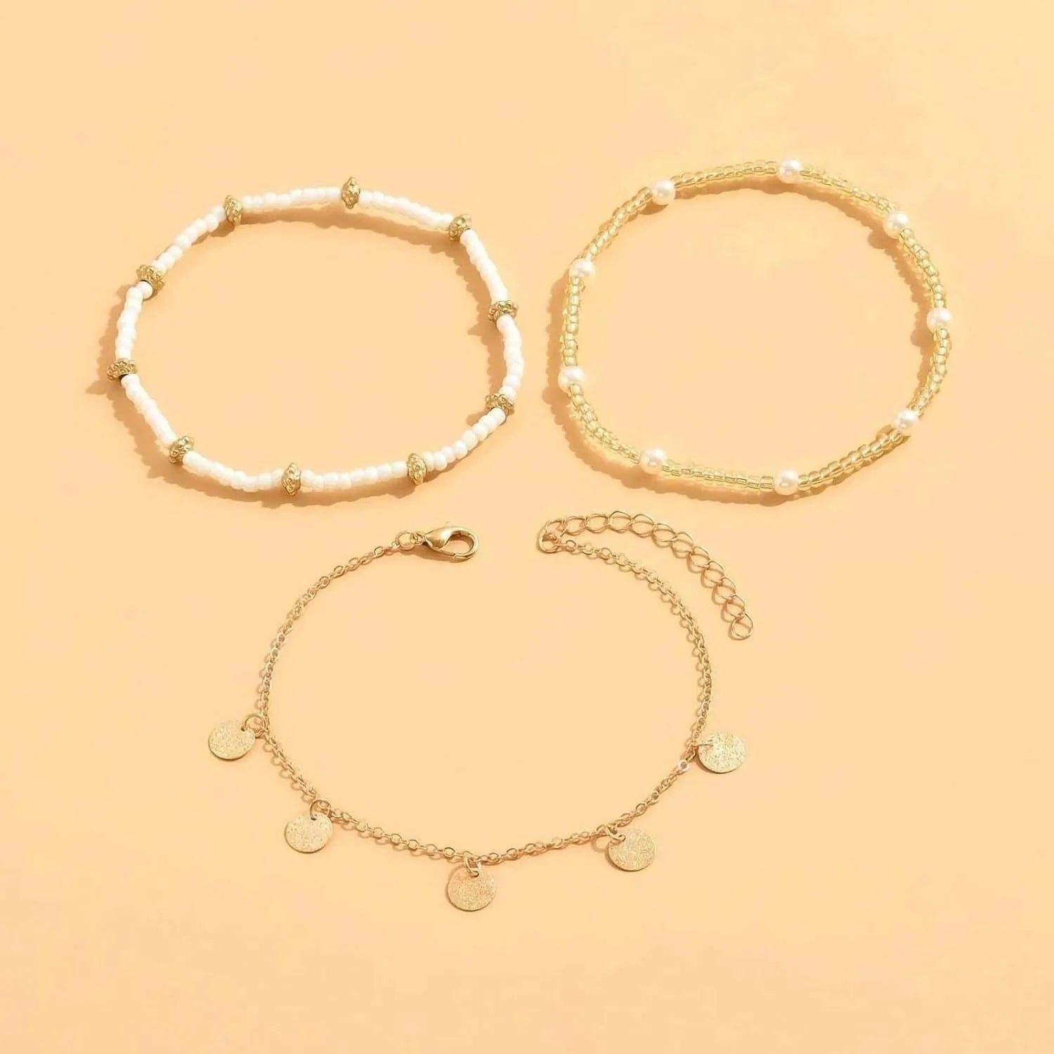 Gold Plated Boho Bead Adjustable Anklet, Hawaiian Beach Seashell Pearl Foot Jewelry Gifts Shell Ankle Bracelet Set for Women