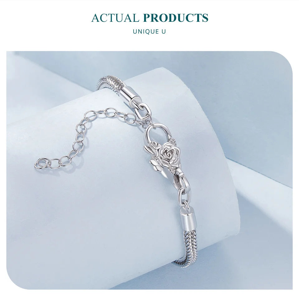 WOSTU Real 925 Sterling Silver Basic Snake Bangle Bracelet Butterfly Flower Closure Buckle For DIY Charms Bead Jewelry Make Gift