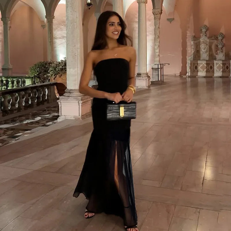 Tornova Sexy Strapless Split Long Dress For Women Mesh Splice Retro Elegant Party Dress Sleeveless Summer Vacation Dress Female