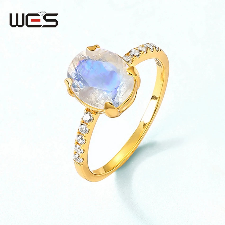 WES Oval Natural Birthstone Moonstone Promise Ring for Woman Aquamarine Moss Agate 925 Silver Jewelry Birthday Gift With Box