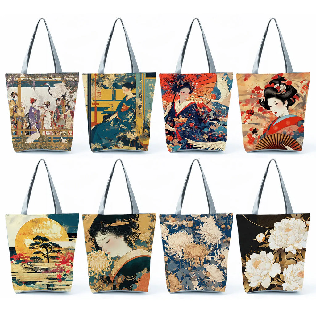 Japan Ukiyoe Print Handbags Groceries Kimono Woman Shopping Bags Women Large Capacity Shoulder Bag Chrysanthemum Portable Tote