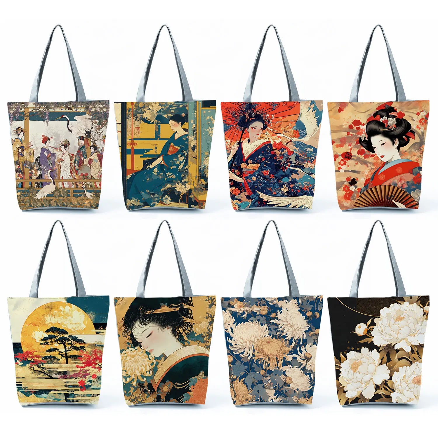 Japan Ukiyoe Print Handbags Groceries Kimono Woman Shopping Bags Women Large Capacity Shoulder Bag Chrysanthemum Portable Tote