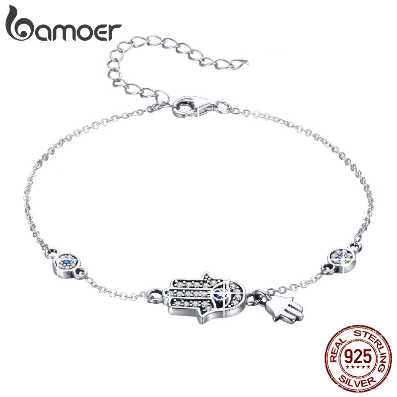 BAMOER 925 Sterling Silver Fatima Hand Lucky Chain Link Bracelet Blue Evil Eye Lobster Clasp Adjustable Hamsa Chain Bracelet