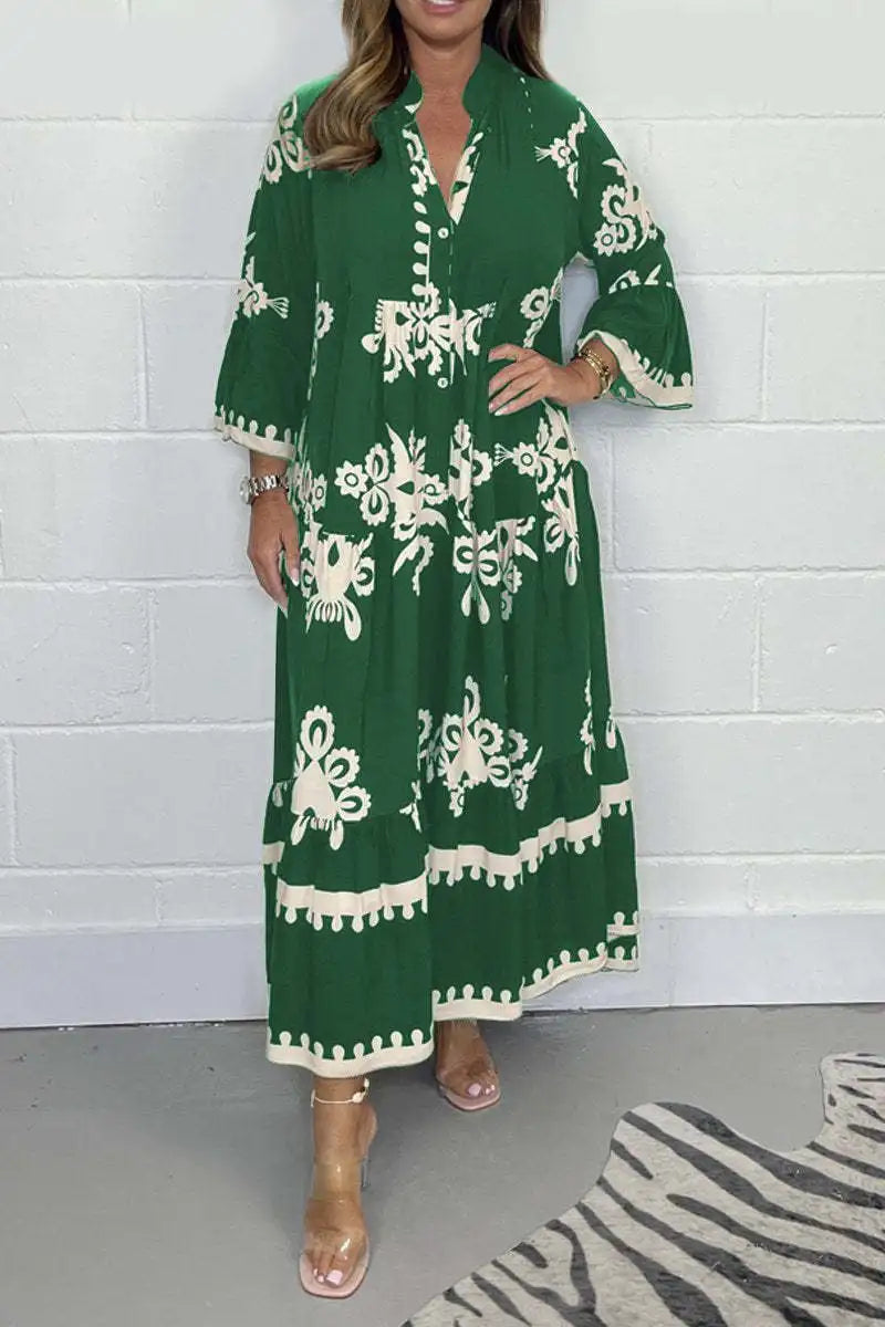 2024 Autumn Fashion New Women's Commuting Style Casual Printed Dress Loose Single Breasted Horn Sleeve Elegant Dress