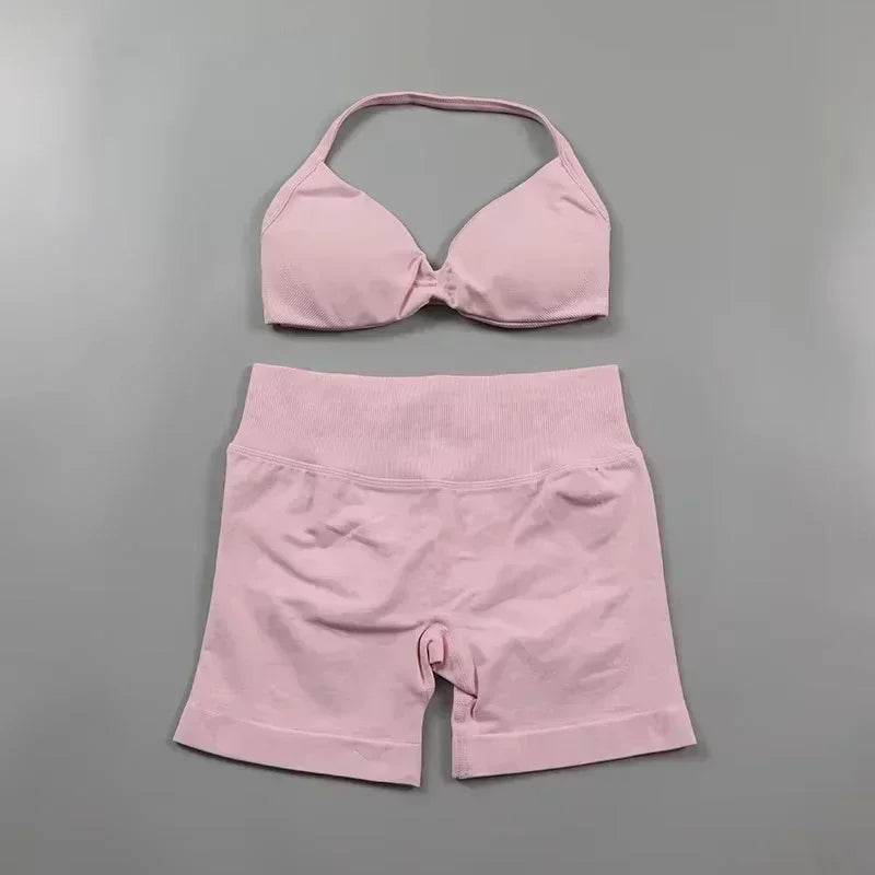 Seamless Sportswear Workout Set Women Two Piece Strappy Yoga Bra Top Scrunch Shorts Gym Clothes