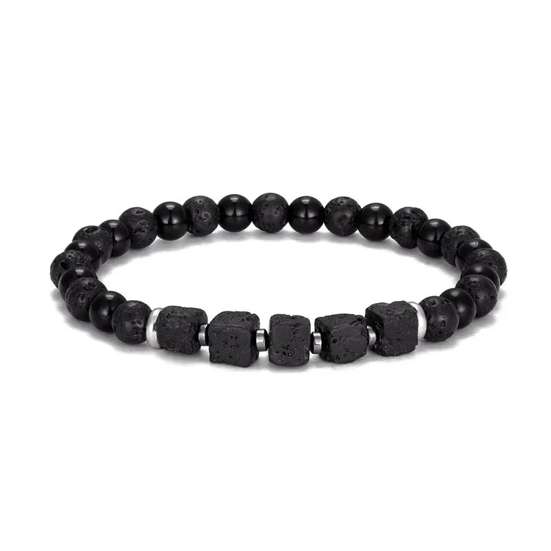 YIZIZAI Black Matte Onyx with Cube Lava Bracelet Yoga Balance Energy Stretch Bracelet Men Women Natural Gemstone Healing Jewelry