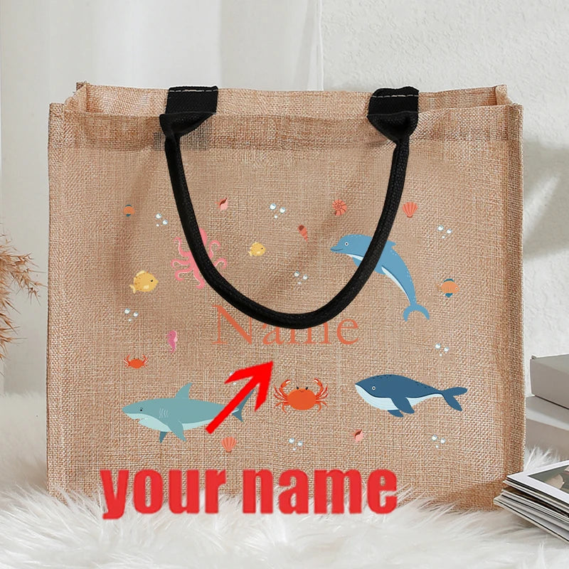 Customizable Name Pastel Dinosaur Vintage Circus Sea Animal Patterns Jute Tote with Hand Shopping Bag for Childrens Friends Gift