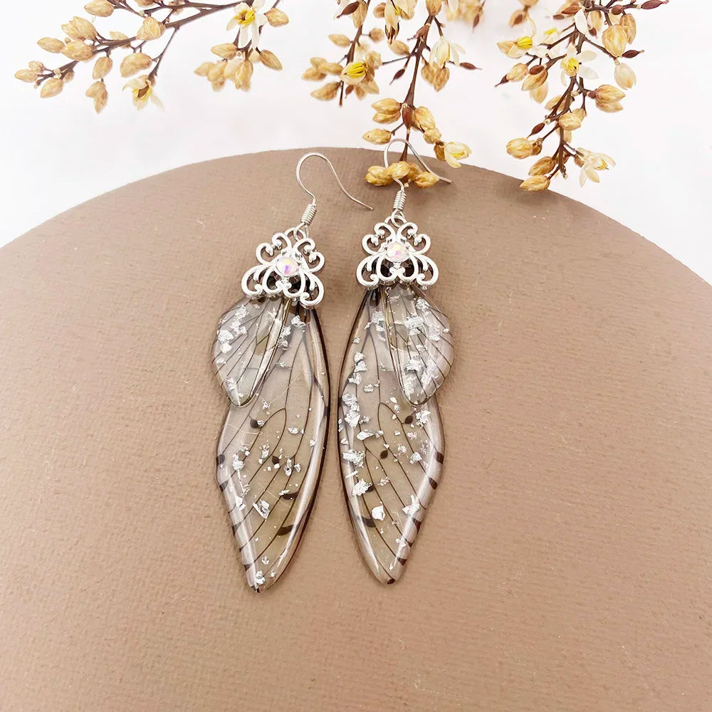 Handmade Fairy Simulation Wing Earrings Insect Butterfly Wing Drop Earrings Foil Rhinestone Earrings Romantic Bridal Jewelry