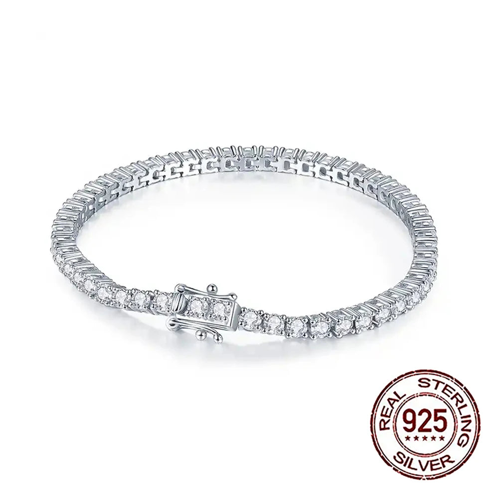 QooLady High Quality 925 Sterling Silver Round Shiny CZ Tennis Chain Bracelet for Women Wedding Engagement Jewelry Gifts SB006