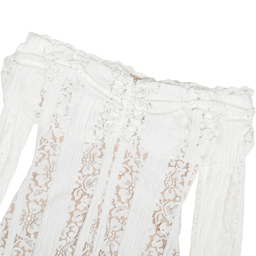 Suninheart Wedding Guest Dress - Off Shoulder Lace Flare Sleeve Maxi