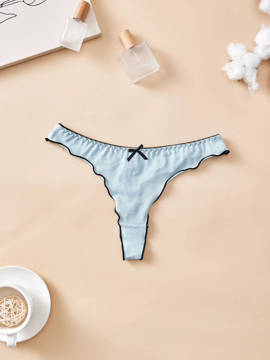 4pcs women's cotton solid color thong sexy comfortable women's underwear daily breathable T-back knitted bow cute girl low-waist