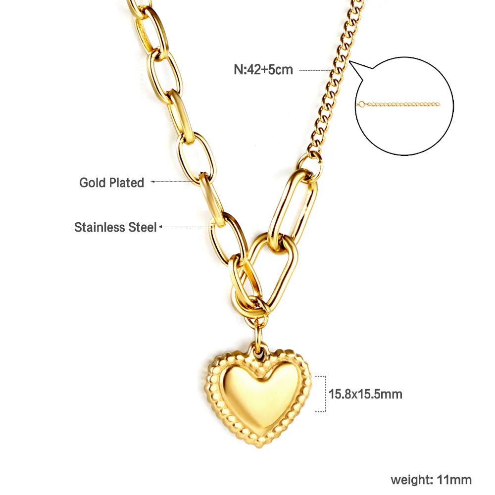 ASONSTEEL Romantic Heart Pendant Necklace For Women High Quality Golden Stainless Steel Metal Stylish Choker Valentine's Gift