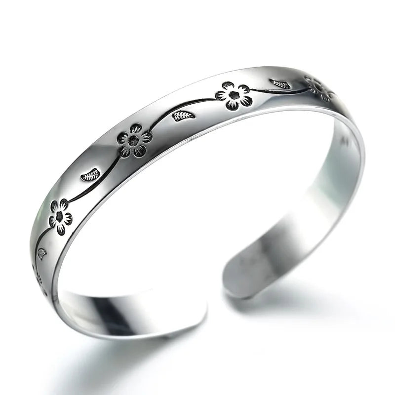Buyee 925 Sterling Silver Female Bangles Circle Plum Bossom Open Bangles for Women Fashion Fine Jewelry Bangles Gift
