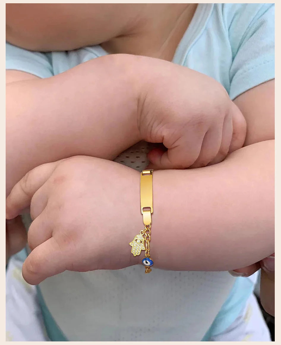 Hamsa Evil Eye Chain Bracelet  for Little Boy Girl, Engrave Customized Name Bracelet, Hand of Fatima Lucky Jewelery