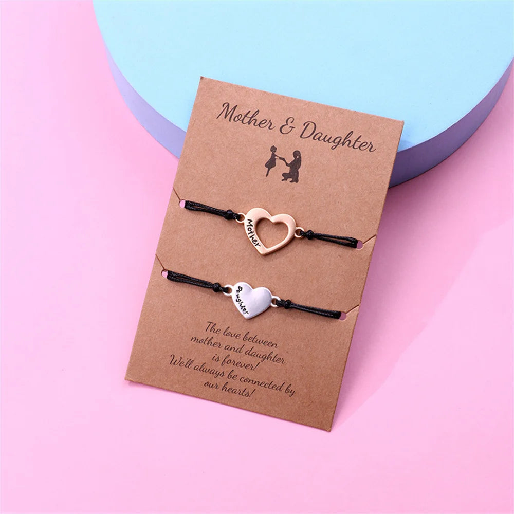 2Pcs Mother and Daughter Hollow Heart Braided Bracelet Adjustable Love Wrist Rope Bangle DIY Jewelry Accessories Festival Gifts