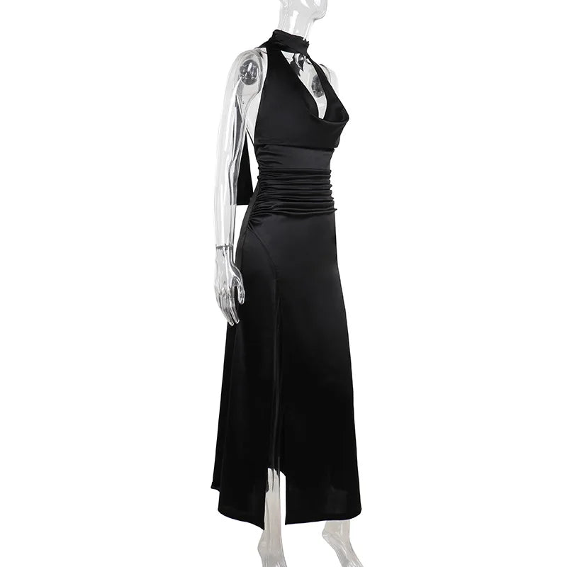 Sexy Satin Halter Dress - Ruched Slit Long Evening Gown