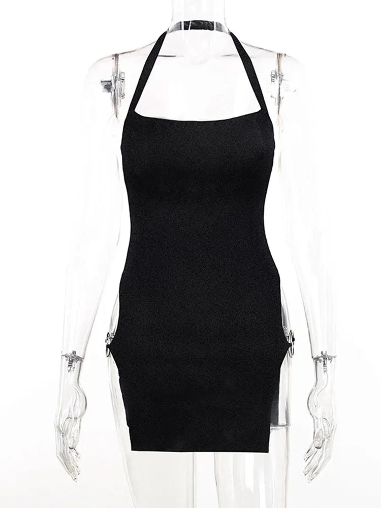 Summer new black design sense one-piece skirt wrap hip slip dress holiday style Spice sexy slit slim halter dress woman