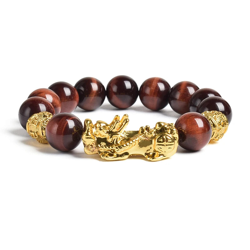 Pi Xiu Tiger Eye Stone Beads Bracelet Feng Shui Yellow Power Stone Women Men Elastic Jewelry Gold Color Pixiu Good Luck Bracelet