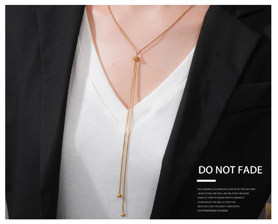 Teamer Long Snake Chain Round Bead Necklace Stainless Steel Gold Color For Girls Women Minimalist Trendy Simple Jewelry Gift