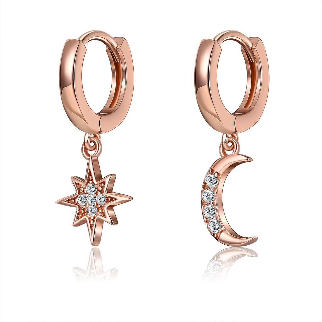 VENTFILLE 925 Sterling Silver CZ Star Moon Asymmetric Hoop Earrings for Women Girls Gold Silver Color Party Jewelry Gifts