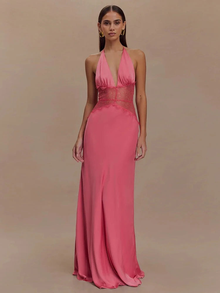 Deep V-Neck Backless Dress - Lace Satin Halter Maxi Evening Gown