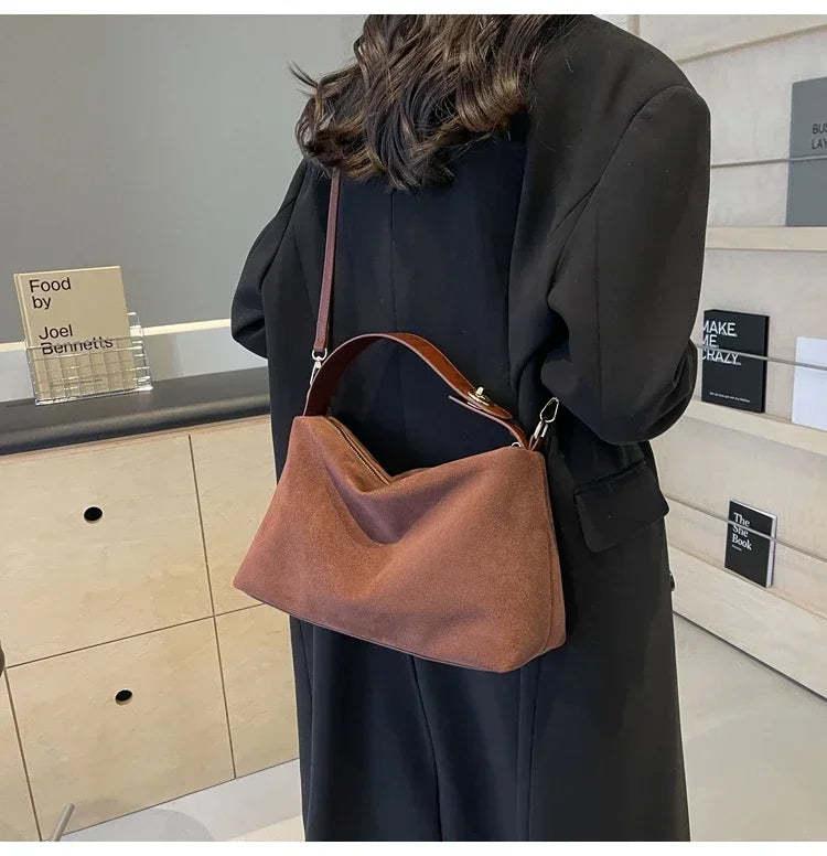 New Solid Color PU Zipper Women's Bag Suede Large Capacity Women's Shoulder Bag Fashion Versatile Casual Dual Purpose Handbag