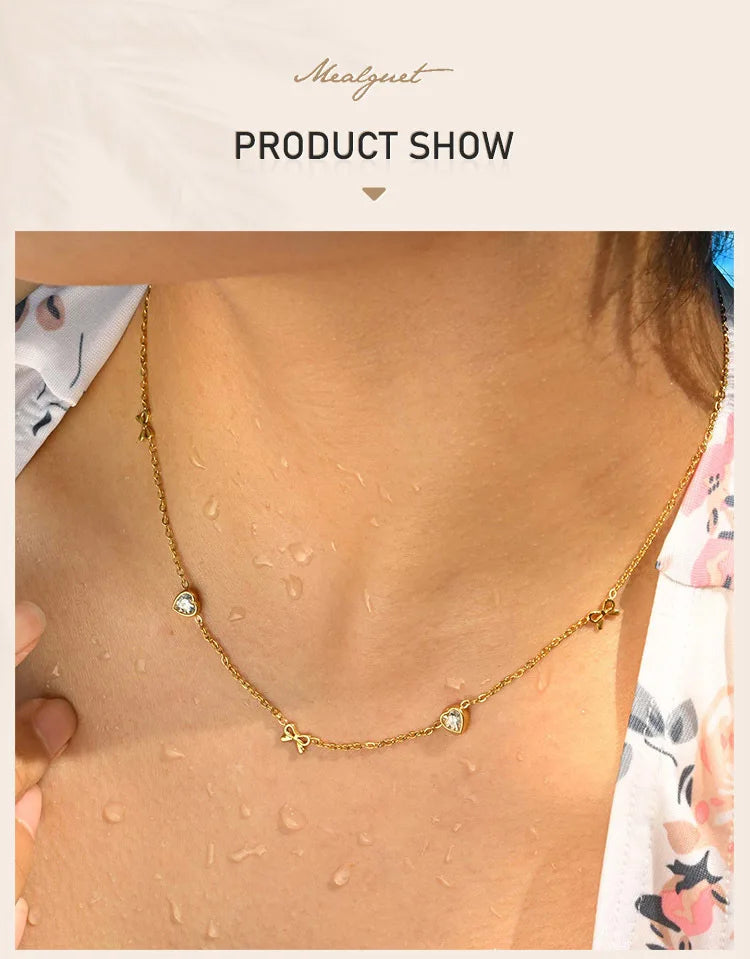 Stainless Steel Heart Cubic Zirconia Chain Necklace for Women, Bowknot Cherry Thin Link Chain Necklace Layered Jewelry