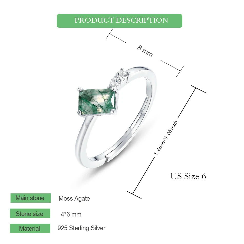 WES 925 Sterling Silver Open Ring for Woman Classic Unique Green Moss Agate Crystal Ring Engagement Gift Wholesale Oval Cut