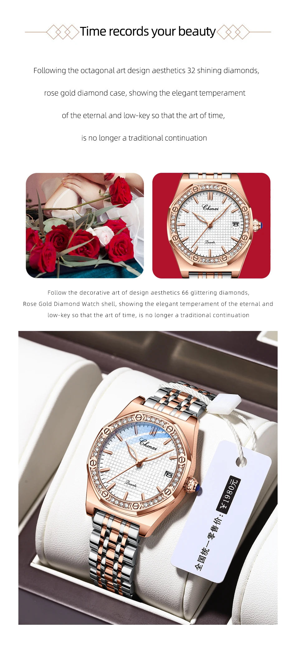 CHENXI Quartz Movement Woman Watch Simple Elegant Luxury Rose Gold Steel and Leather Strap Waterproof Ladies Dress Wristwatch
