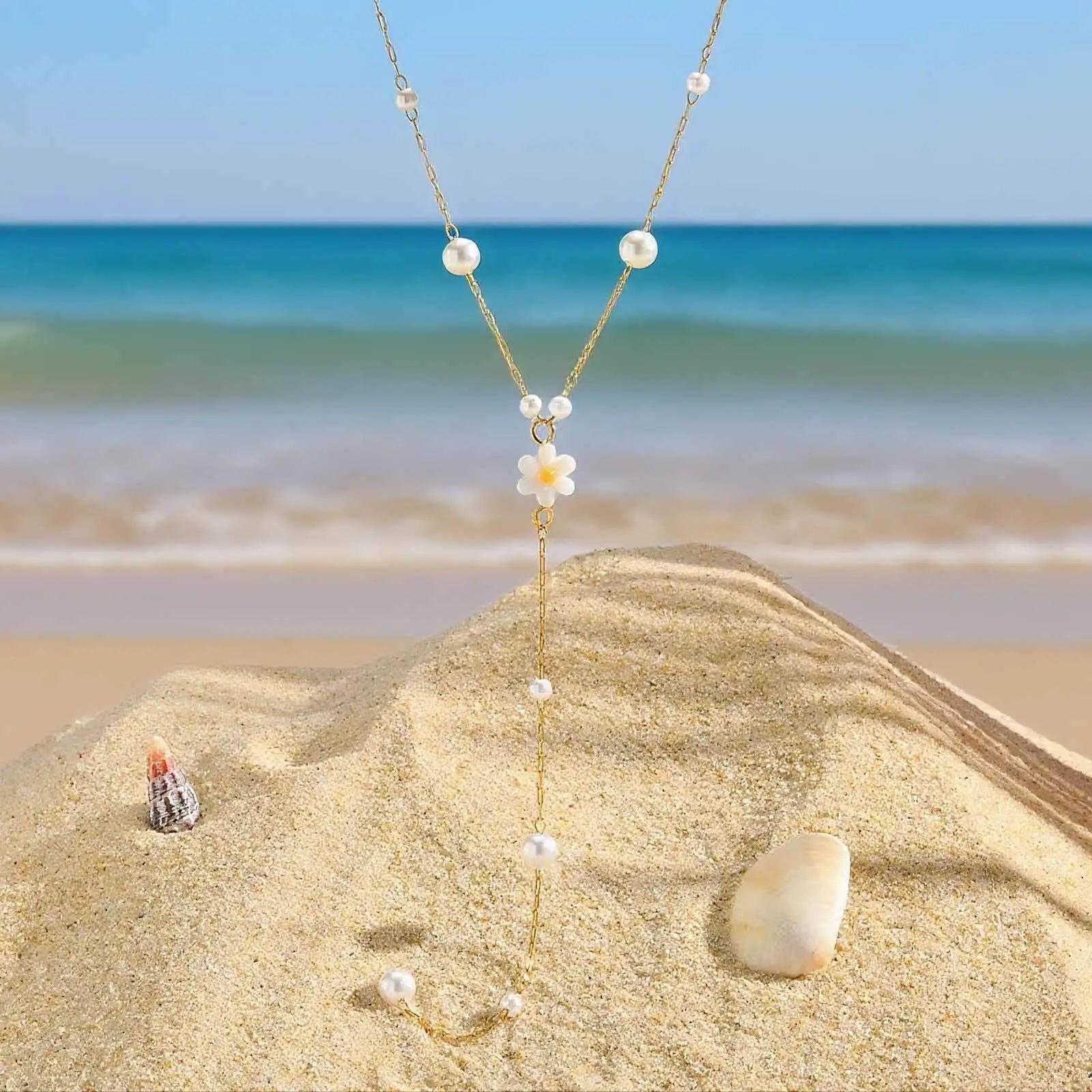 Vnox Flower Pearls Long Chain Drop Necklace For Women, Stainless Steel Waterproof Layered Jewelry, Light Luxury Collarbone Chain