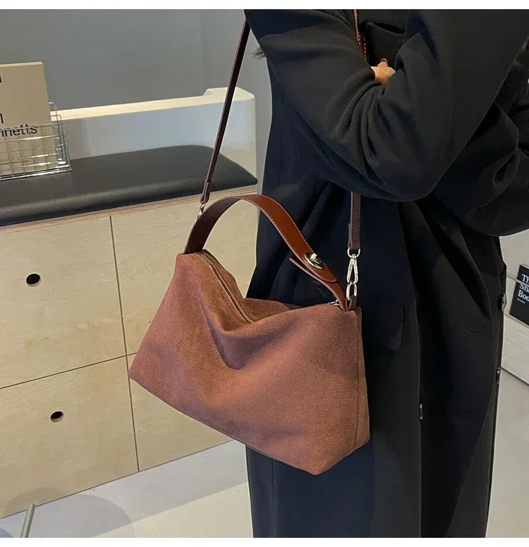 New Solid Color PU Zipper Women's Bag Suede Large Capacity Women's Shoulder Bag Fashion Versatile Casual Dual Purpose Handbag