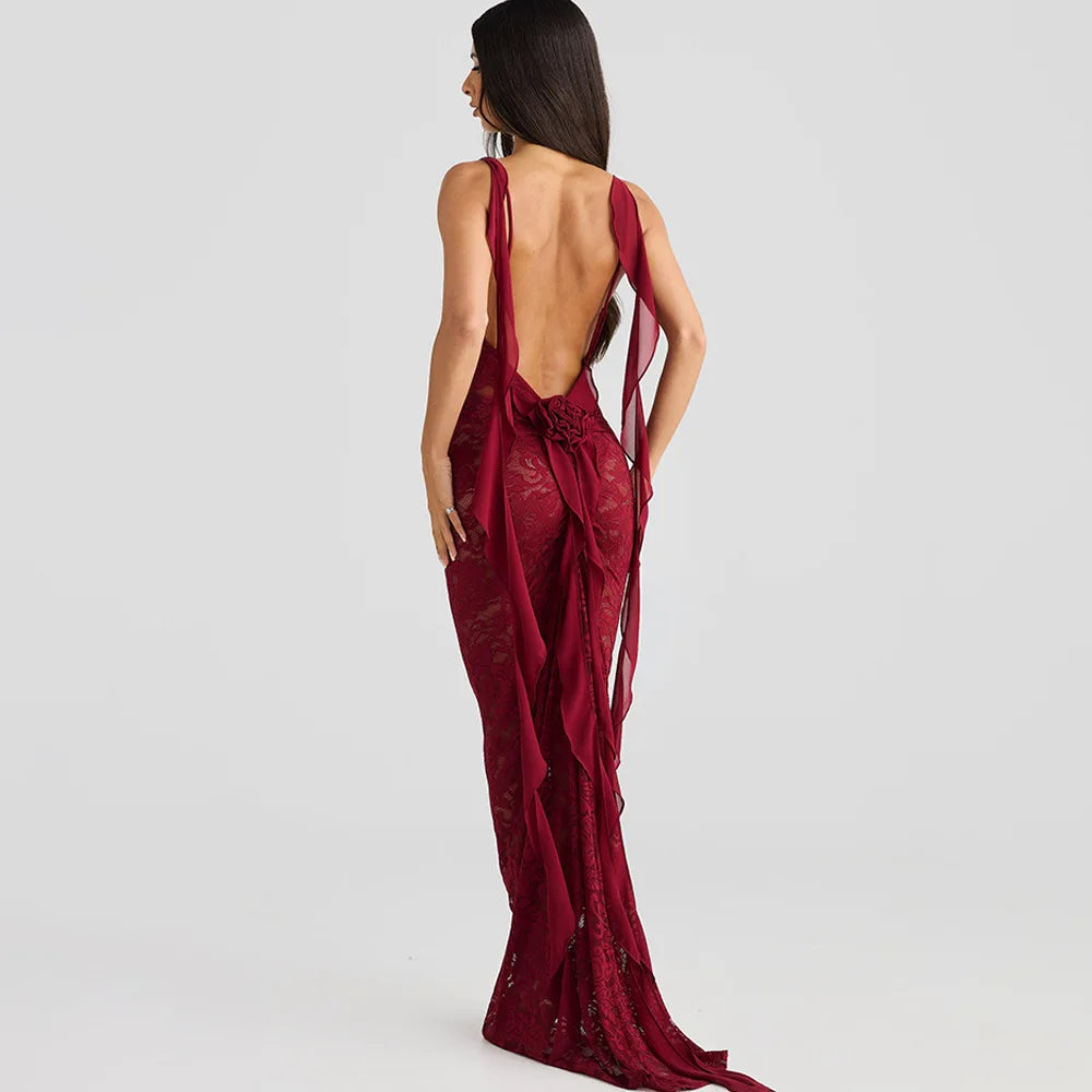 Articat Sexy Sleeveless Lace Patchwork Print Women Backless Party Evening Dress 2024 New Trailing Long Skirt Flowing Vestido