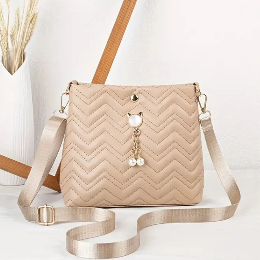 Elegant Quilted Crossbody Bag Stylish Women's Shoulder Purse Featuring Cat Pearl Pendant Ideal Valentine's Gift Novelty Purse