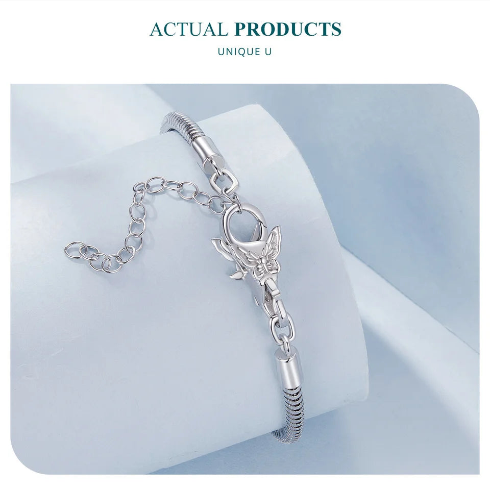 WOSTU Real 925 Sterling Silver Basic Snake Bangle Bracelet Butterfly Flower Closure Buckle For DIY Charms Bead Jewelry Make Gift