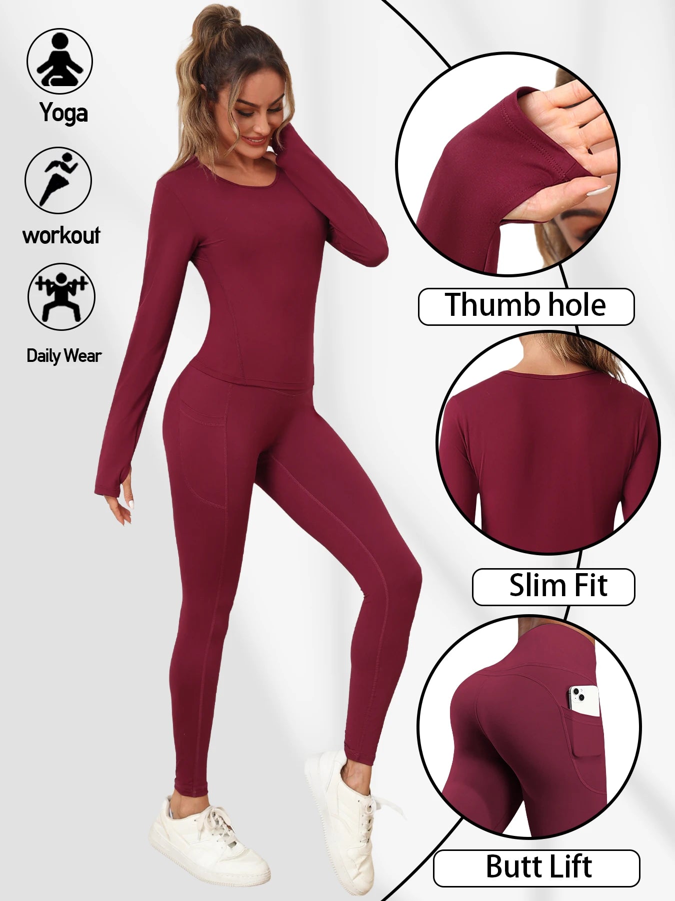 Women's Yoga Set Solid Color Round Neck Long Sleeve Sports Top Butt-Lifting Tummy-Control Pocket Leggings Outdoor Workout Set