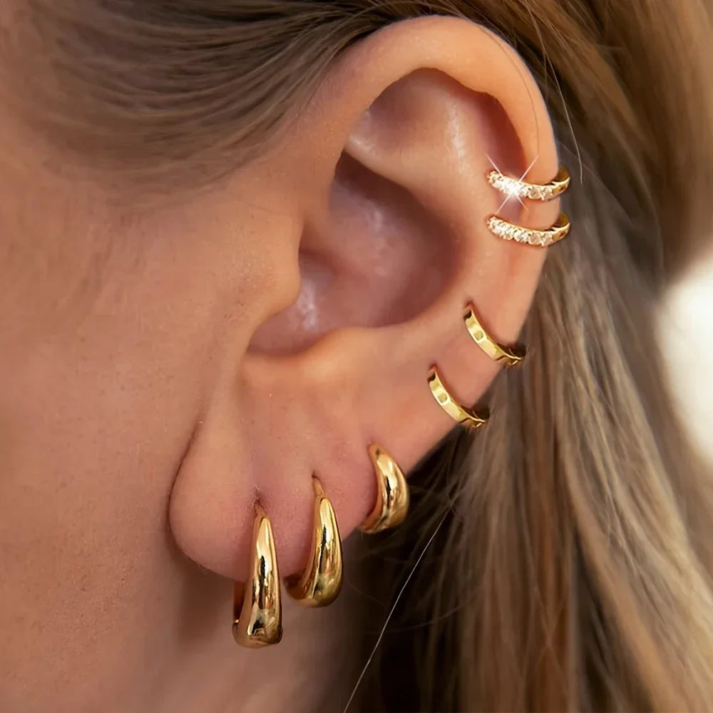 3Pairs Set Fashion Stainless Steel Crystal Oval Huggie Hoop Earrings for Women 18K Gold Plated Dangle Hoop Earring Punk Jewelry