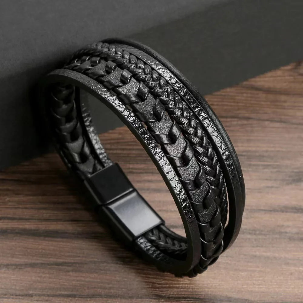 1PC Trendy Men's Accessories Alloy Magnetic Buckle Multi layer Retro Leather Rope Braided Bracelet Bracelet Fashion Dressing