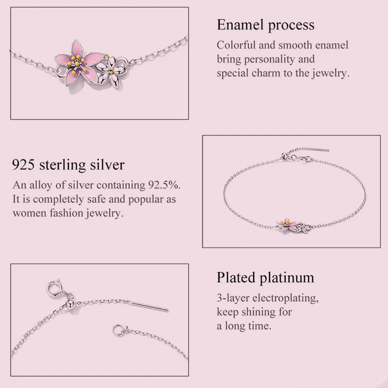 WOSTU 925 Sterling Silver Original Pink Sakura Bracelet Adjustable MINI Bracelet Chain Link Fit MINI Pendant Fashion Jewelry