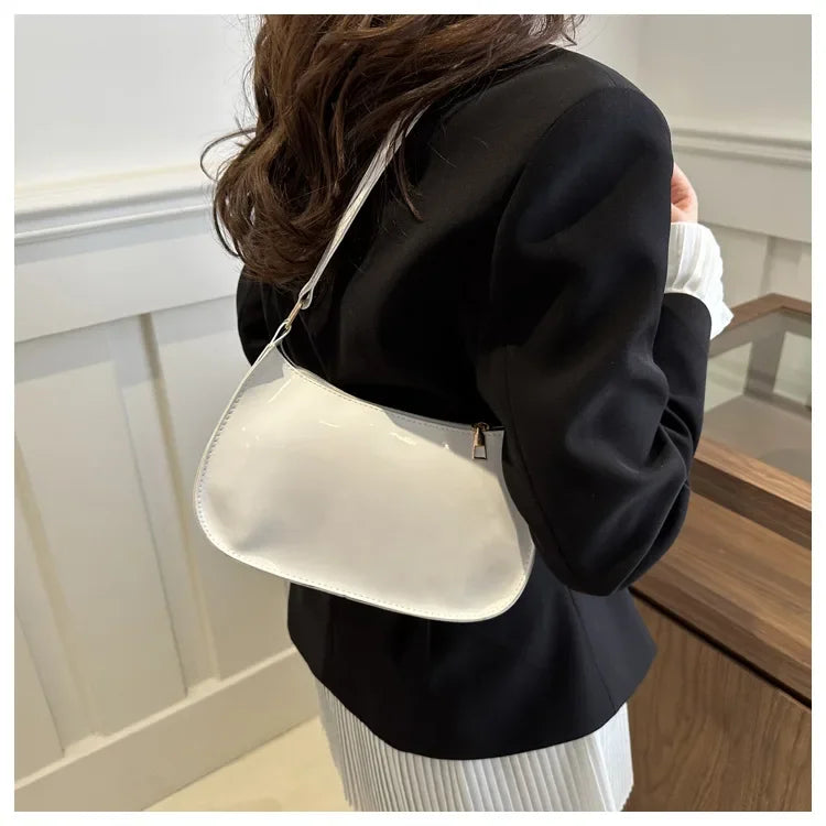 Vintage Wine Red Patent Leather Glossy Underarm Bag 2024 New Minimalist Lady Zipper Shoulder Bag Elegant Versatile Handbag Trend