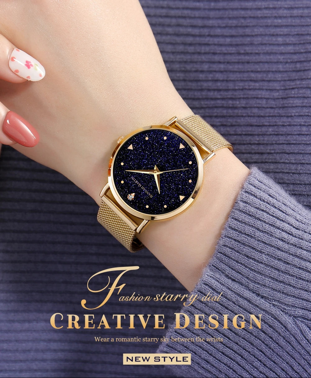 Women Luxury Watch 36mm Fashionable Frosted Dial Japanese Movement Rhinestone Rose Gold Stainless Steel Mesh Women Dress Watches