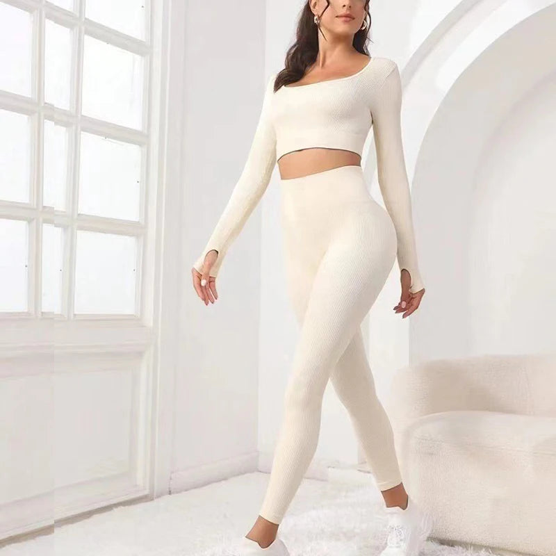New autumn style threaded long sleeve trousers set, breathable and elastic, a good choice for sports yoga,