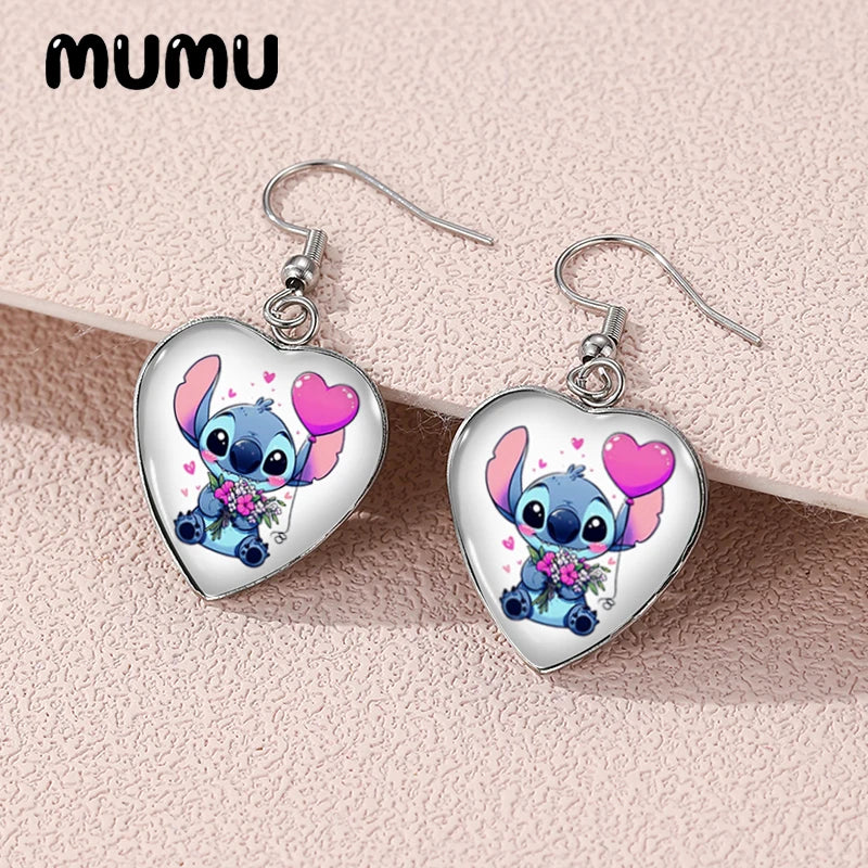 2024 New Lilo Stitch and Angel Dangle Earring Heart Shaped Earrings Handmade Glass Dome Jewelry Gifts Fans
