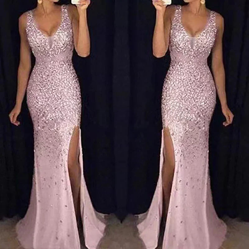 Fmxires 2025 Gold Dress - V-Neck Split Long Evening Gown